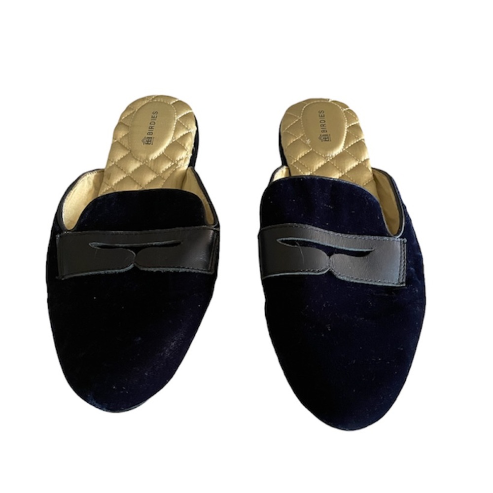 BIRDIES Navy Blue Phoebe Velvet Mules/Slides
